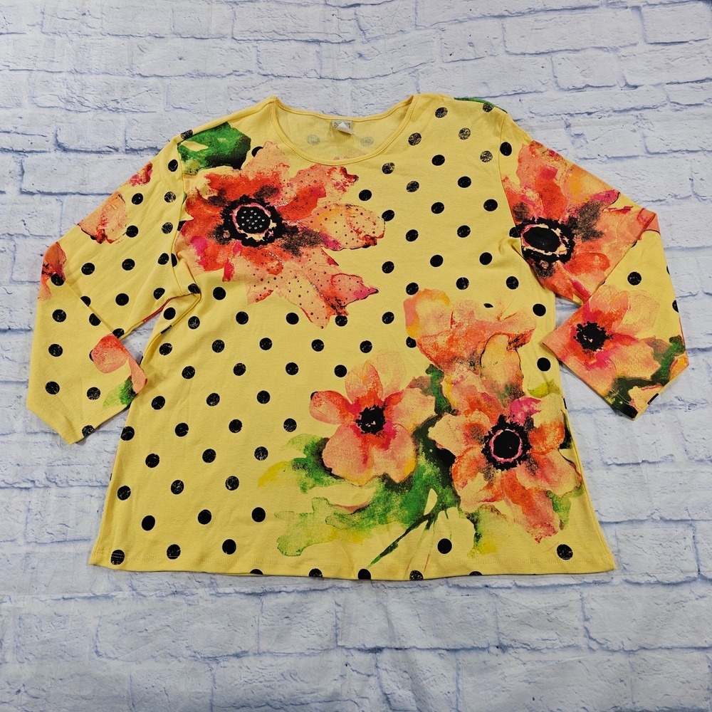 Jess & Jane Polka Dot Floret Top Women 2X Yellow Floral Rhinestone 3/4 Sleeve